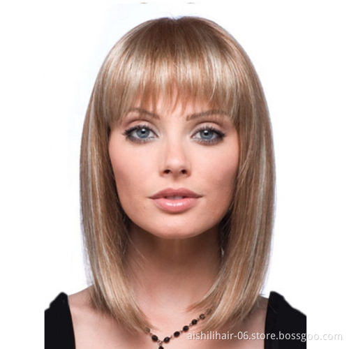 Aishili Wholesale  mix goldem with blonde natural synthetic wigs with natural bangs synthetic hair wigs for women